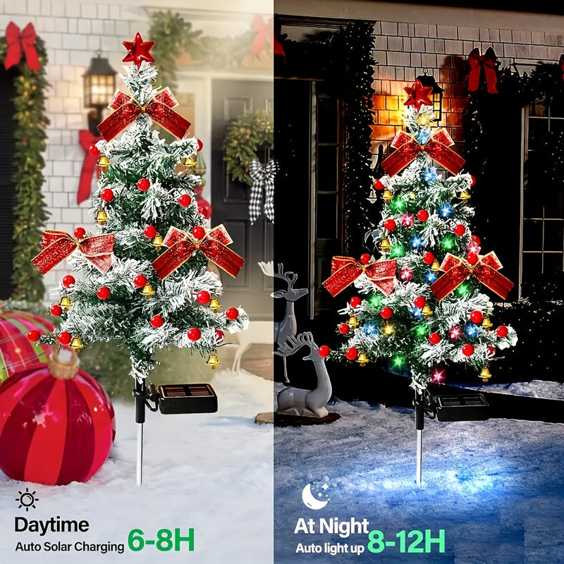 Cedar-Style Solar Holiday Tree Lights with Listed IP65 Rating and Star, Bow, Bell and Red Ball Decoration Wording, Two- or Four-Piece Labels for Lawn and Patio Decor