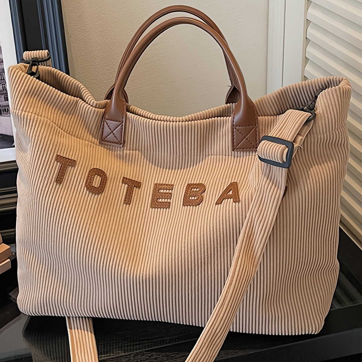 Corduroy Crossbody Tote Bag for Women with Adjustable Strap and Listed Hook-and-Loop Closure, Solid Color Shoulder Handbag for Commuting, Shopping and Casual Travel