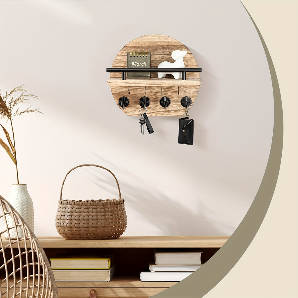 Key Holder with Shelf and Eight Hooks, Round Wooden Wall-Mounted Entryway Organizer in Brown or Natural for Hallway Keys and Everyday Small Accessories