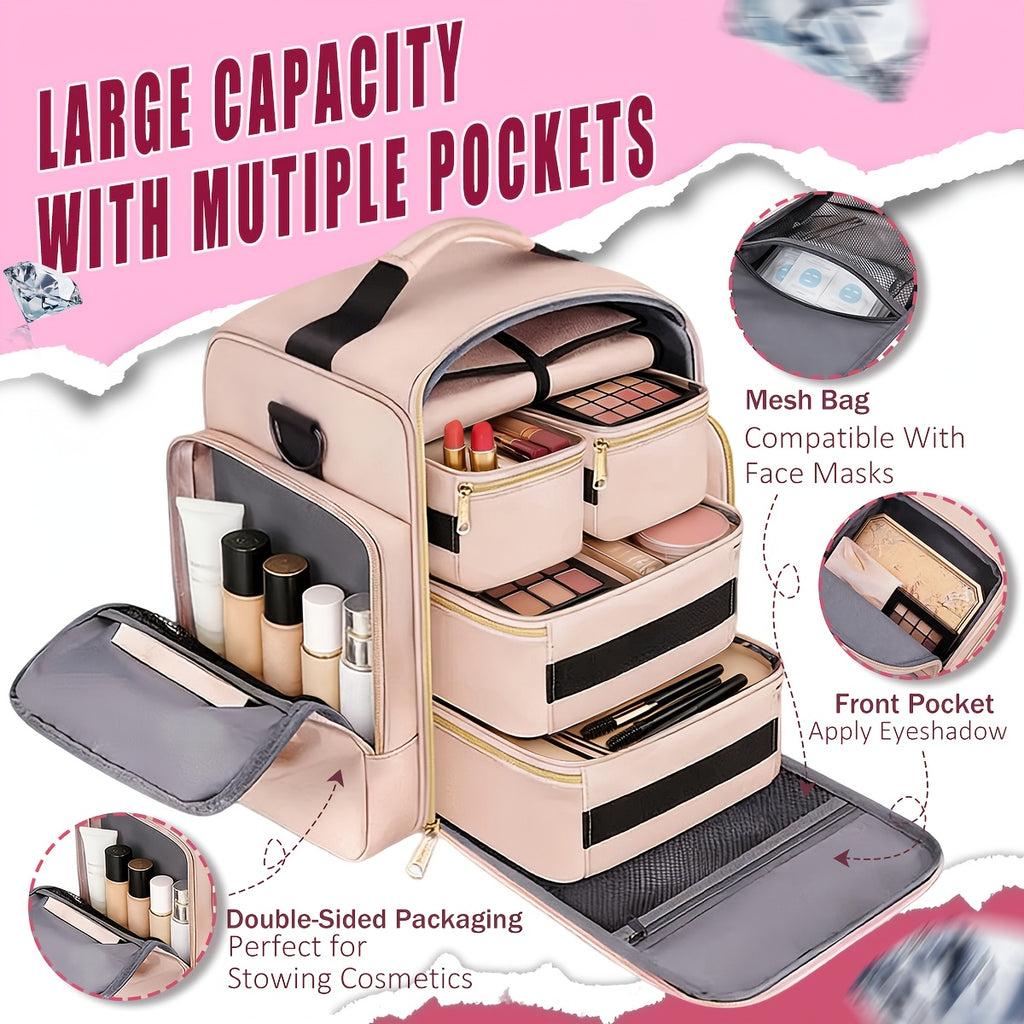 Removable-Pouch Makeup Organizer in Pink with Four Listed Inner Pouches and Jewelry Roll, Multifunction Cosmetic Travel Case for Beauty Essentials and Trip Packing