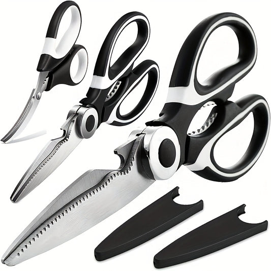 Kitchen Scissors 3-Pack, Heavy Duty Stainless Steel Cooking Shears for Meat, Fish and Poultry Preparation, Black White Multipurpose Food Cutting Set
