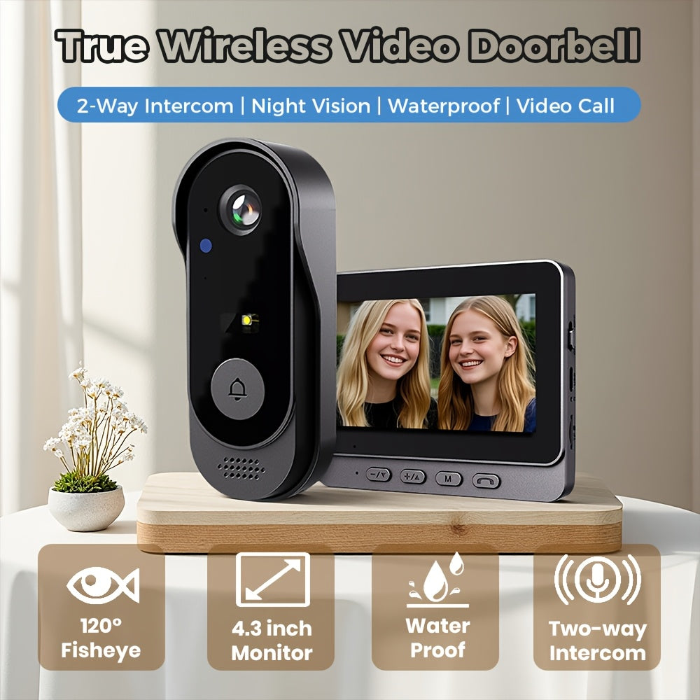 1 Set, Doorbell Camera Wireless No Subscription, Water Resistant Wireless Video Doorbell, Equipped with A 4. 3-inch Display, Real-time Communication Is Like Making A Phone Call, No Need for Button Intercom, One Click Answer, Fisheye Wide-angle Lens