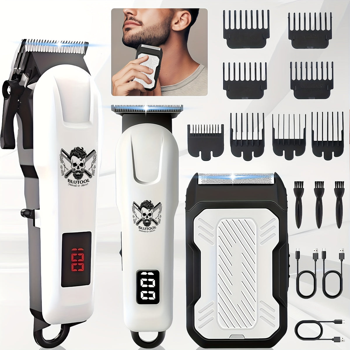 Electric Grooming Kit in White with Two or Three-Piece Option Labels, Listed Razor and Clipper, Digital Screen and USB Rechargeable Design for Home Hair Care