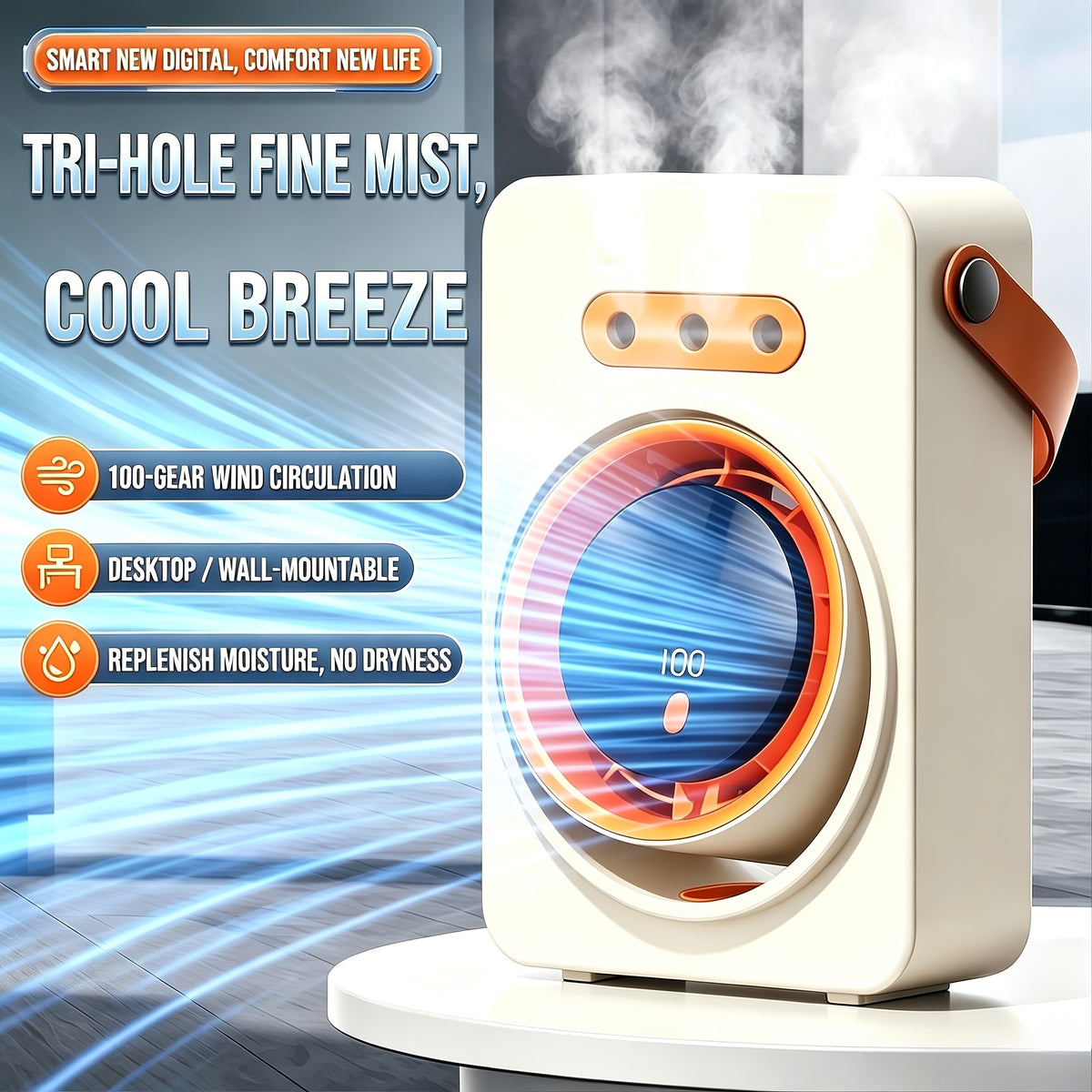 Portable Humidifier Fan in Off White with Handle, Listed USB Type-C Connection and Two-in-One Airflow and Moisture Functions for Home or Office Desks
