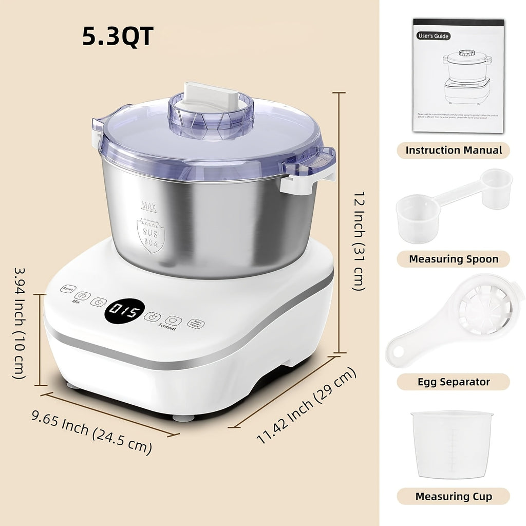 Timed Dough Mixing and Fermentation Machine in White with Listed 250W Motor, 304 Stainless Steel Bowl and Three Modes for Bread, Pizza and Home Dough Prep