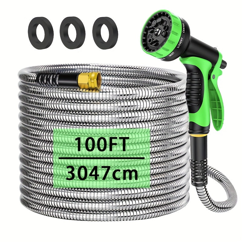 Stainless Steel Garden Hose with 10-Function Nozzle and Brass Joint, Metal Watering Hose in Multiple Length and Upgrade Kit Options for Yard and Car Care
