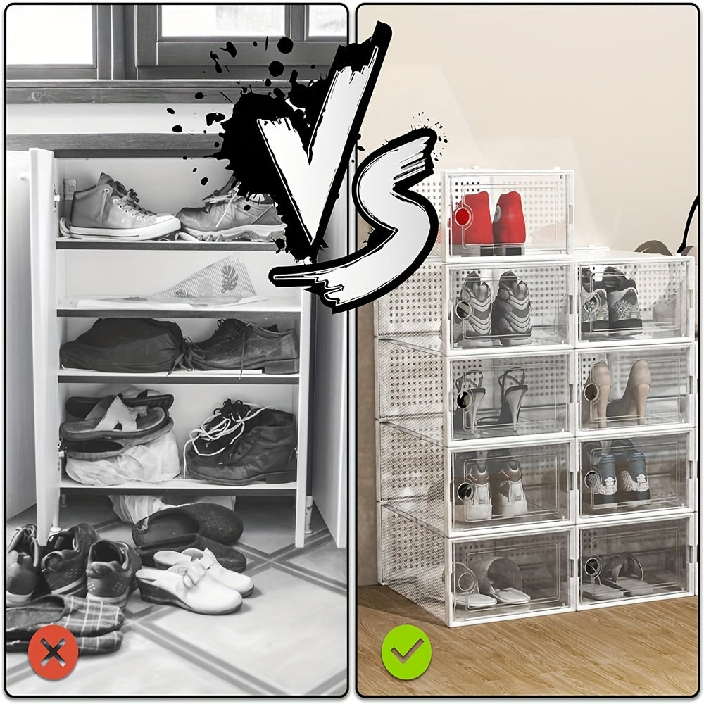 Interlocking Shoe Storage Boxes with Clear Plastic Design and Lids, Stackable Collapsible Closet Organizers in Black, White or Grey for Sneakers and Footwear