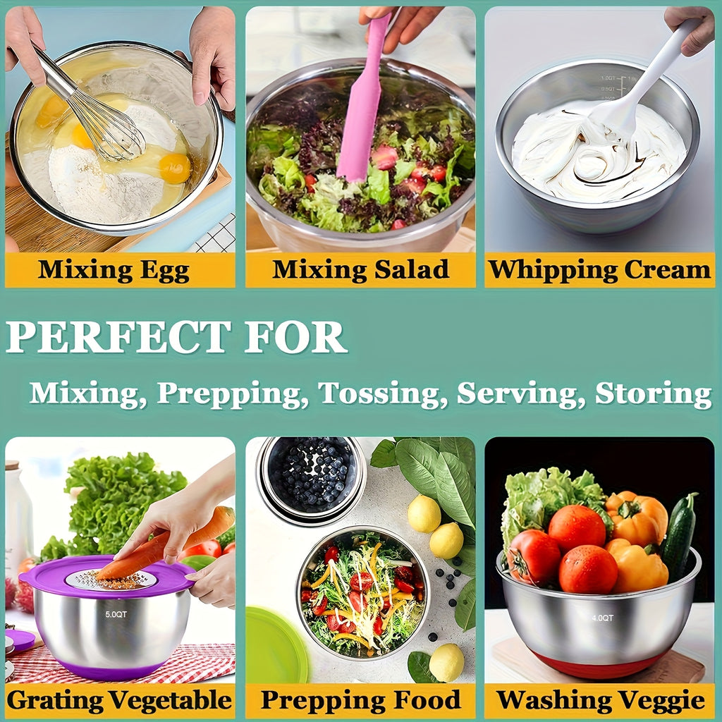 Silicone-Base Nesting Mixing Bowls with Listed Stainless Steel Construction and Lids, Multicolored or Black-8pcs Options for Baking, Food Prep and Serving