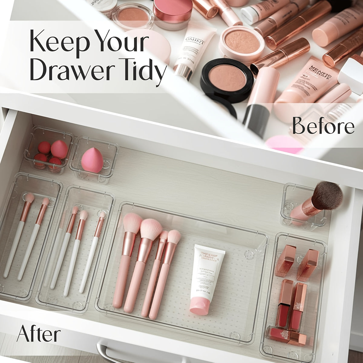 Transparent PET Drawer Organizer Set with 44-Piece, 58-Piece, 23-Piece or 11 Plus 2 Options for Desktop, Vanity, Bathroom and Bedroom Small-Item Storage
