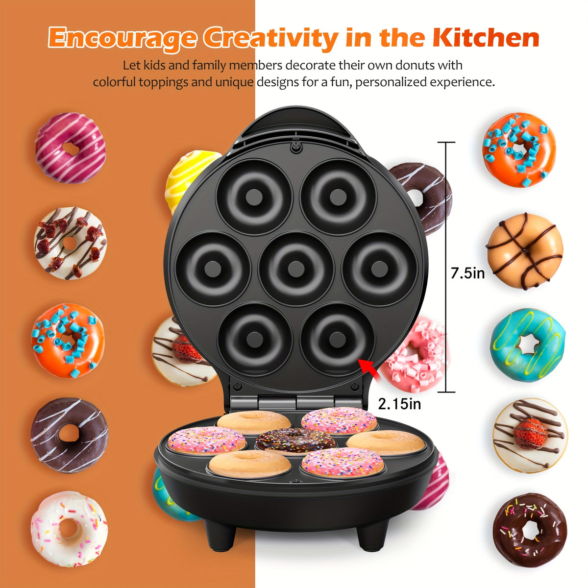 Mini Donut Maker with 7 Slots and Nonstick Cooking Plates for Homemade Breakfast Treats, After-School Snacks, Family Desserts and Decorating Fun