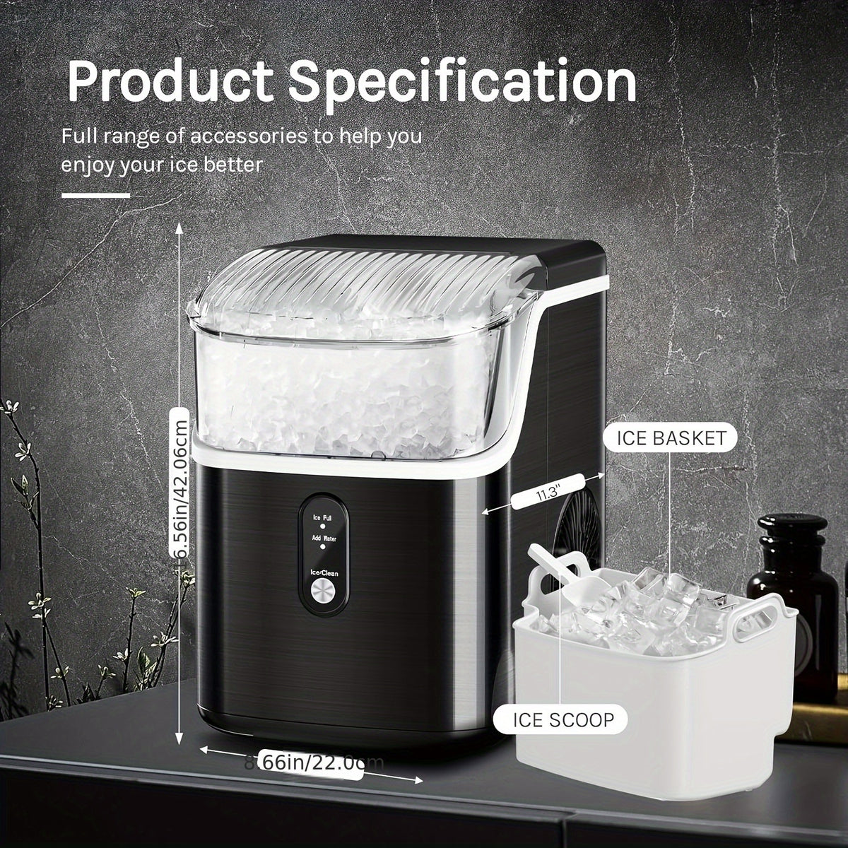 Automatic-Cleaning Countertop Ice Machine with Silvery, Black-Bullet Ice and Grey-Bullet Ice Options for Kitchen Drinks, Home Bar Setup and Party Preparation