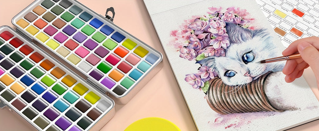 Watercolor Paint Starter Set, 100, 128 or 168 Color Options with Metallic, Macaron and Fluorescent Shades, Brushes, Watercolor Paper and Palette