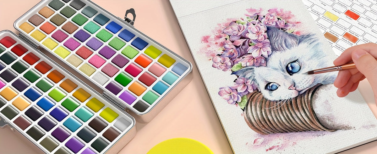 Watercolor Paint Starter Set, 100, 128 or 168 Color Options with Metallic, Macaron and Fluorescent Shades, Brushes, Watercolor Paper and Palette