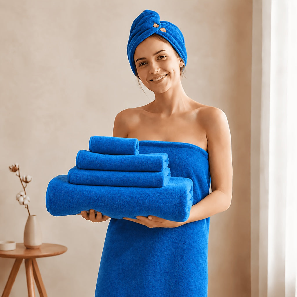 Coral Fleece Bath Towel Set with Hair Drying Cap, Five-Piece Bundle Featuring Four 27 x 55 Inch Plush Towels and Listed Hanging Loops for Home Shower Routines