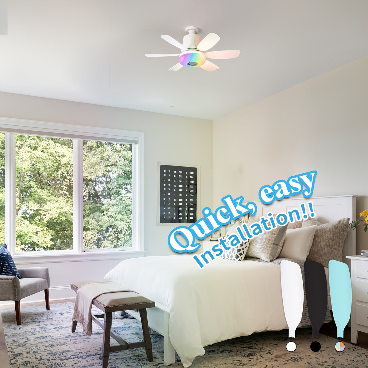 RGB Speaker Ceiling Fan Light with E26/E27 Socket Base, Remote Control, 3 Fan Speeds, Dimmable 3000K–6500K White Lighting and Music Rhythm Effects