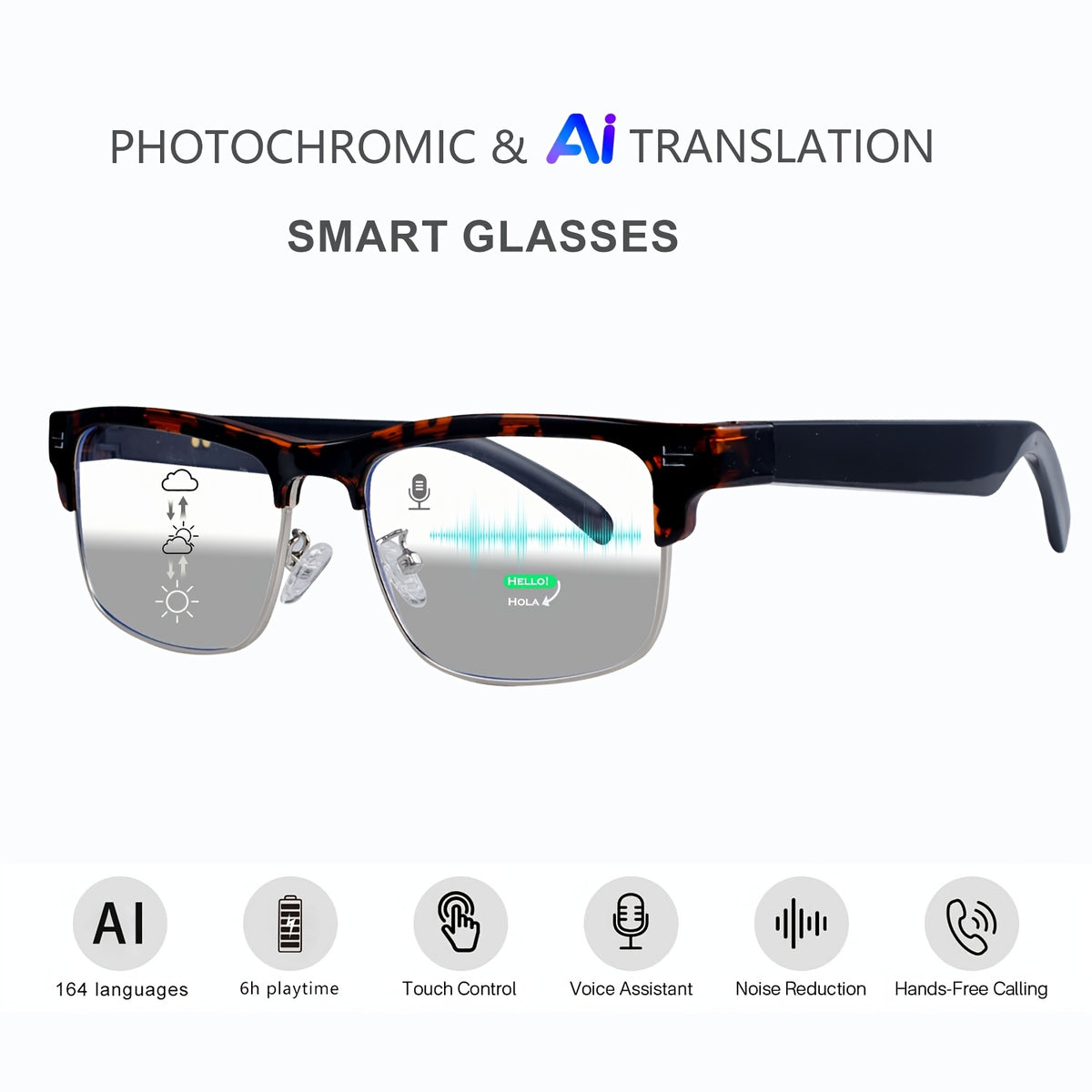 160 Language Translation Smart Glasses, AI Audio Glasses with ChatGPT, HD Calls & HiFi Music, Built-in Mic & Speaker, Photochromic Lenses, Real-Time Translator Eyewear for Travel, Meetings, Men & Women