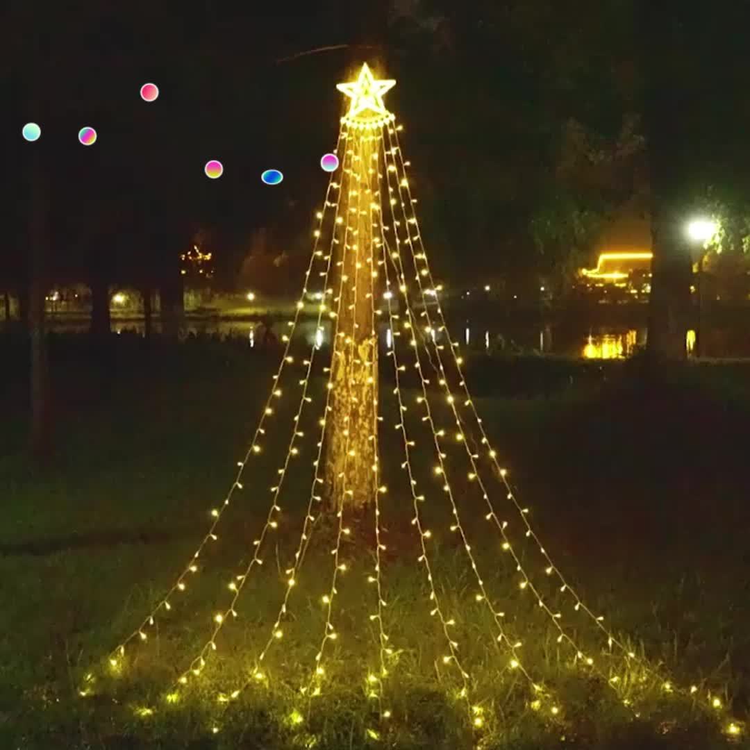 Waterfall Christmas Tree Lights with Star and Listed 350 LEDs, 11.8ft RGB Music-Sync Holiday Display with Remote, App Control, Timer and USB Power