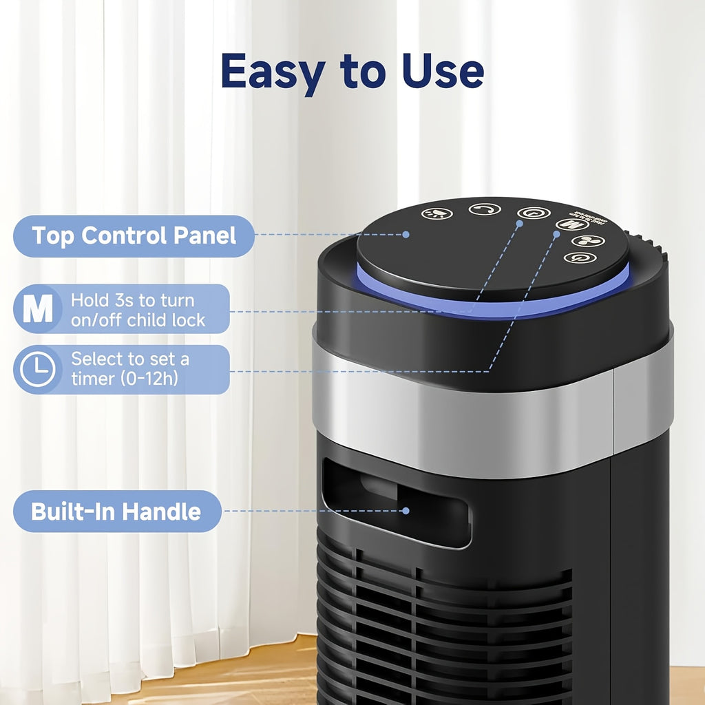 DC Motor Tower Fan with Remote Control, Bladeless Standing Fan with 5 Speeds, 4 Modes and 12-Hour Timer for Bedroom, Living Room and Home Office