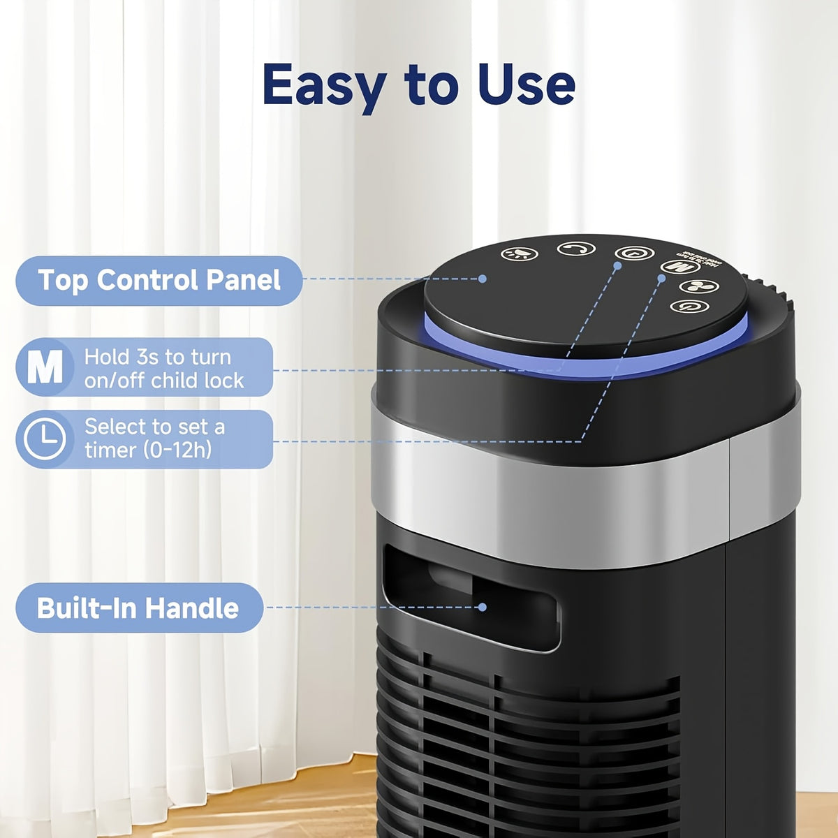 DC Motor Tower Fan with Remote Control, Bladeless Standing Fan with 5 Speeds, 4 Modes and 12-Hour Timer for Bedroom, Living Room and Home Office