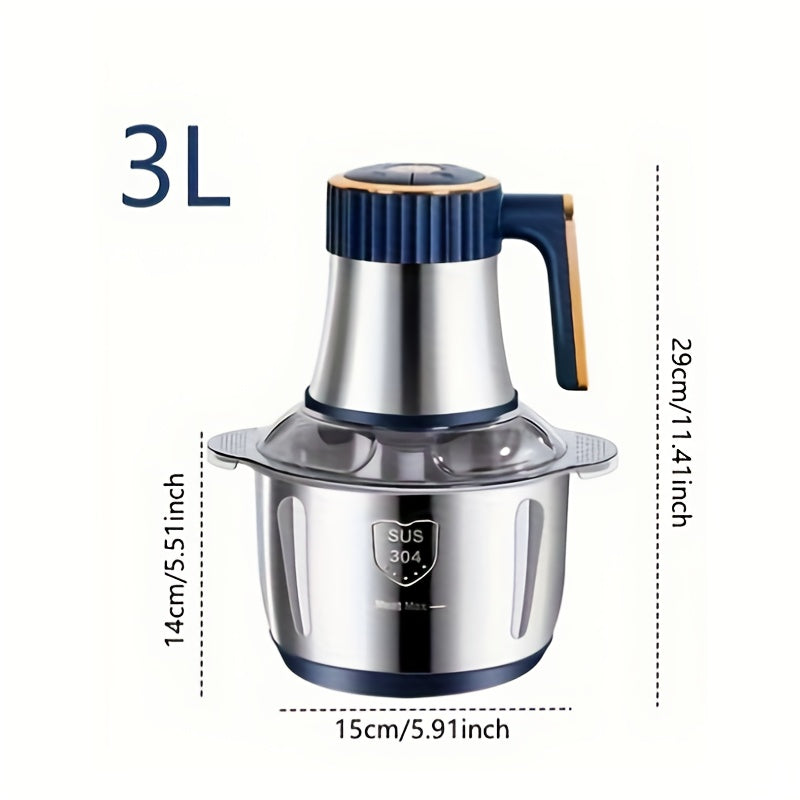 3L Electric Food Chopper with Stainless Steel Body, Five-Key Controls and Four-Blade Cutter for Meat, Garlic, Vegetables and Everyday Kitchen Prep