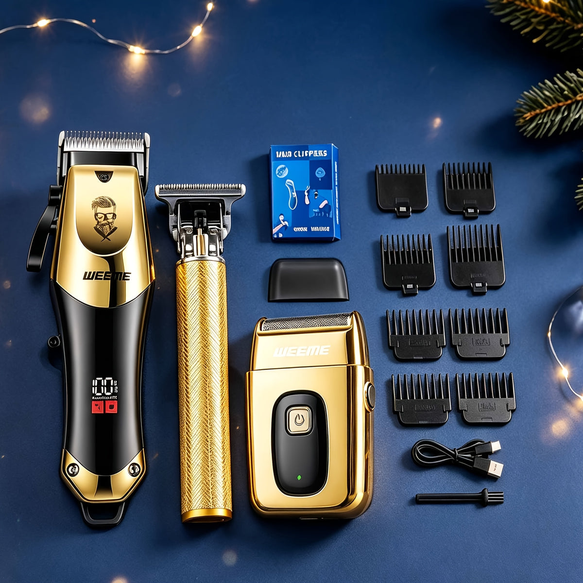 2/3/4/5pcs Hair Clippers for Men, Professional Cordless Hair Clipper Trimmer & Electric Shaver & Nose Trimmer &Body Trimmer Set, LCD Display, Barber Grooming Kit, Gift Set for Men (Gradient Golden)