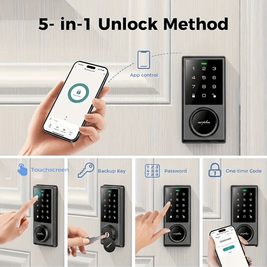 Touchscreen Smart Deadbolt Lock by ARPHA in Black with Digital Keypad, WiFi App Control, Auto-Lock and Anti-Peeping Password Features for Compatible Doors