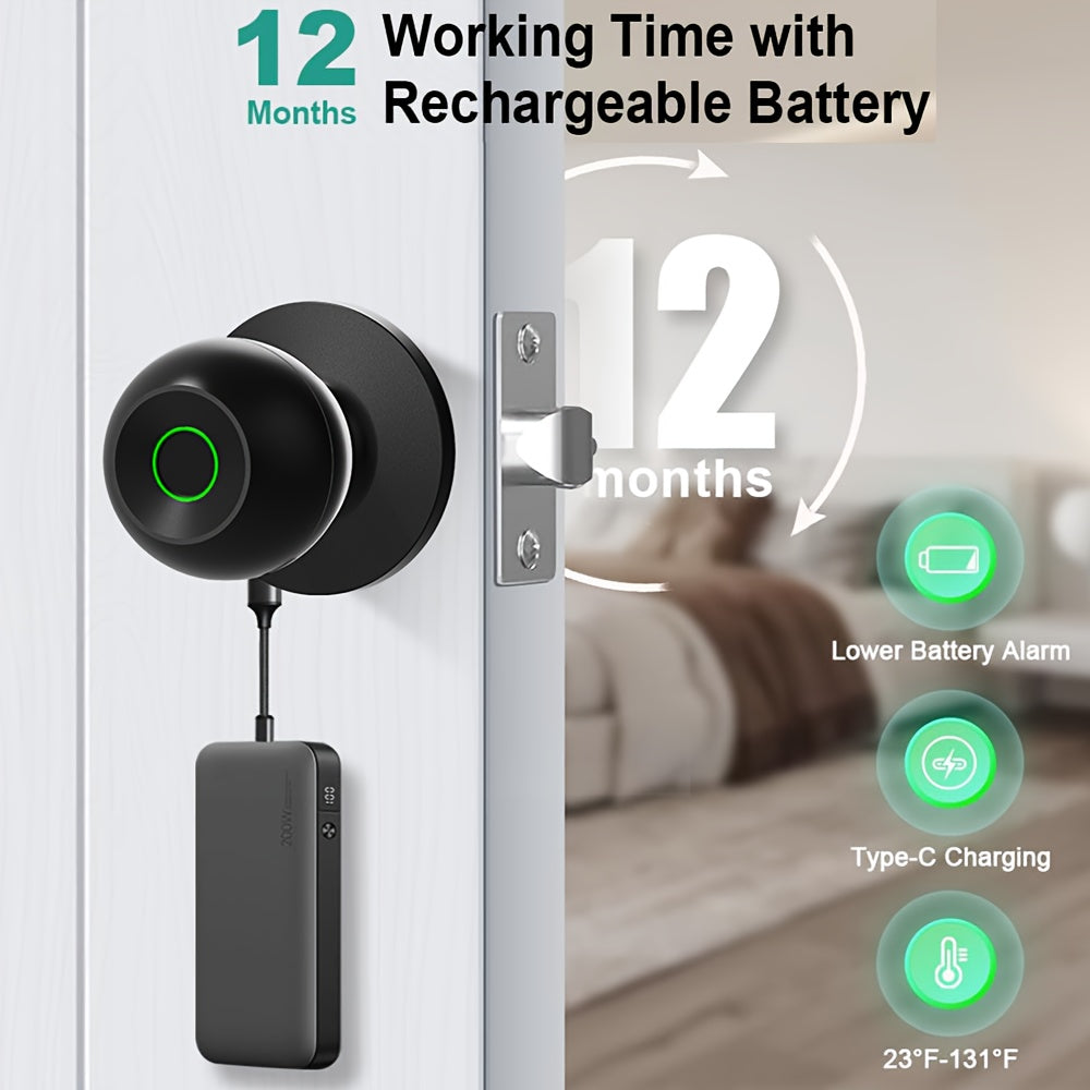 Rechargeable Smart Door Knob with Fingerprint, App and Physical Key Access, Entrance, Passage and Privacy Modes, K10 Finish Options