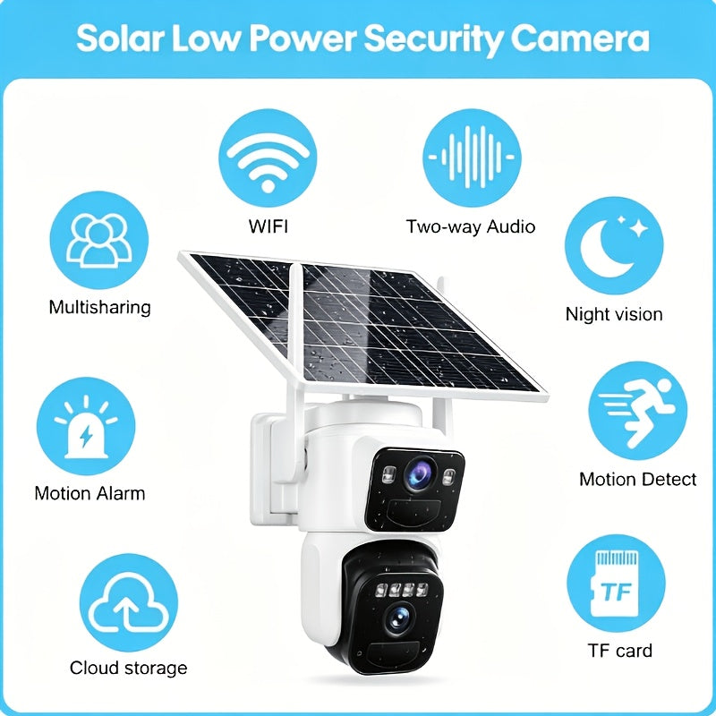 Dual Lens Solar Security Camera with 8000mAh Battery, Fixed Wide-Angle and PTZ Views, WiFi Motion Alerts, Two-Way Audio and Night Vision in White