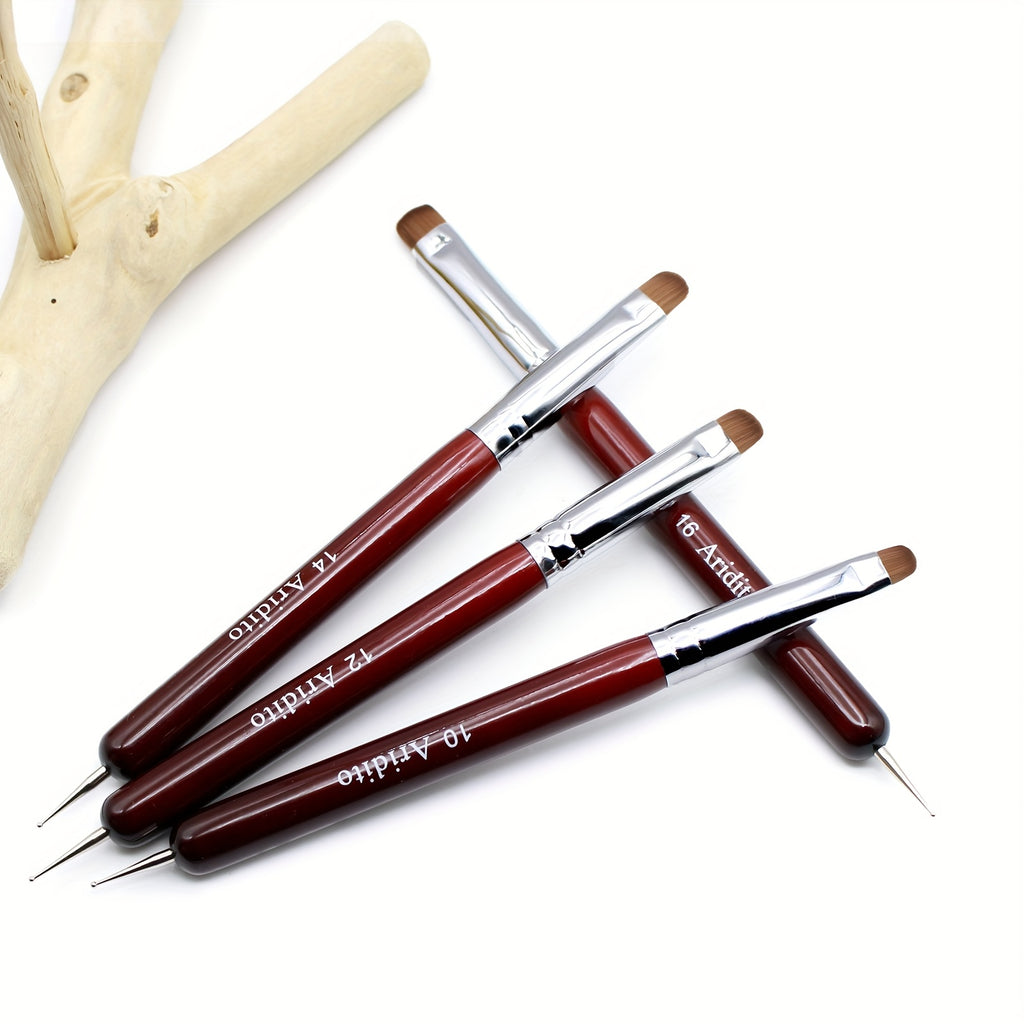 French Manicure Brush Set by Aridito, Four-Piece Nail Art Selection with Red Wood Handles, Metallic Ferrules and No. 10, 12, 14 and 16 Size Labels