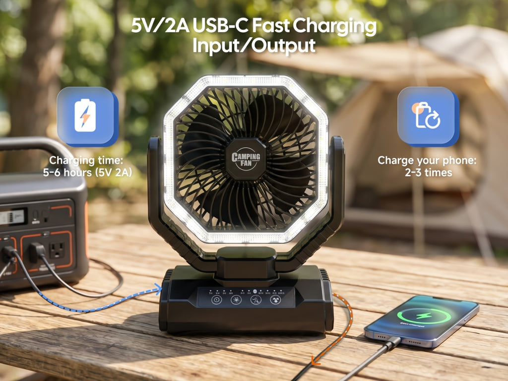 Battery Powered Camping Fan with 20000mAh Rechargeable Battery, Dual Auto Swing, 4 Speeds, 3-Level LED Light, 8-Hour Timer and Hanging Hook for Tents and RV Trips
