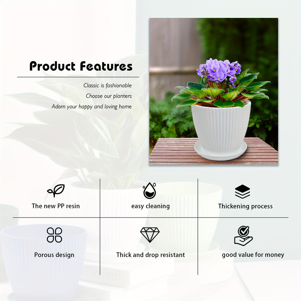 Resin Planter Pots Set with Listed Six-Pack Assortment and 3.5 to 7.5-Inch Size Labels, White, Light Green or Dark Blue Options for Indoor Plant Displays
