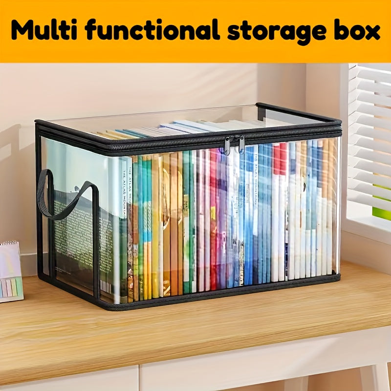 Transparent Book Storage Boxes, Listed Two-Piece Foldable Plastic Organizer Set with Black Option Label for Compatible Books, Clothing and Home Office Sorting