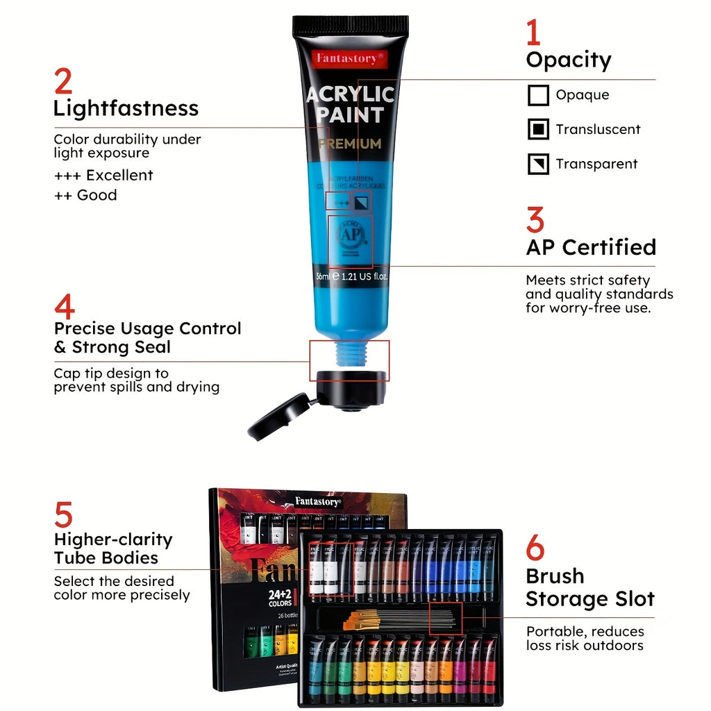 High-Pigment Acrylic Paint Set by Fantastory, 26 Paints in 1.22oz Sizes with 9 Brushes for Canvas, Wood, Stone Painting and Seasonal DIY Craft Projects