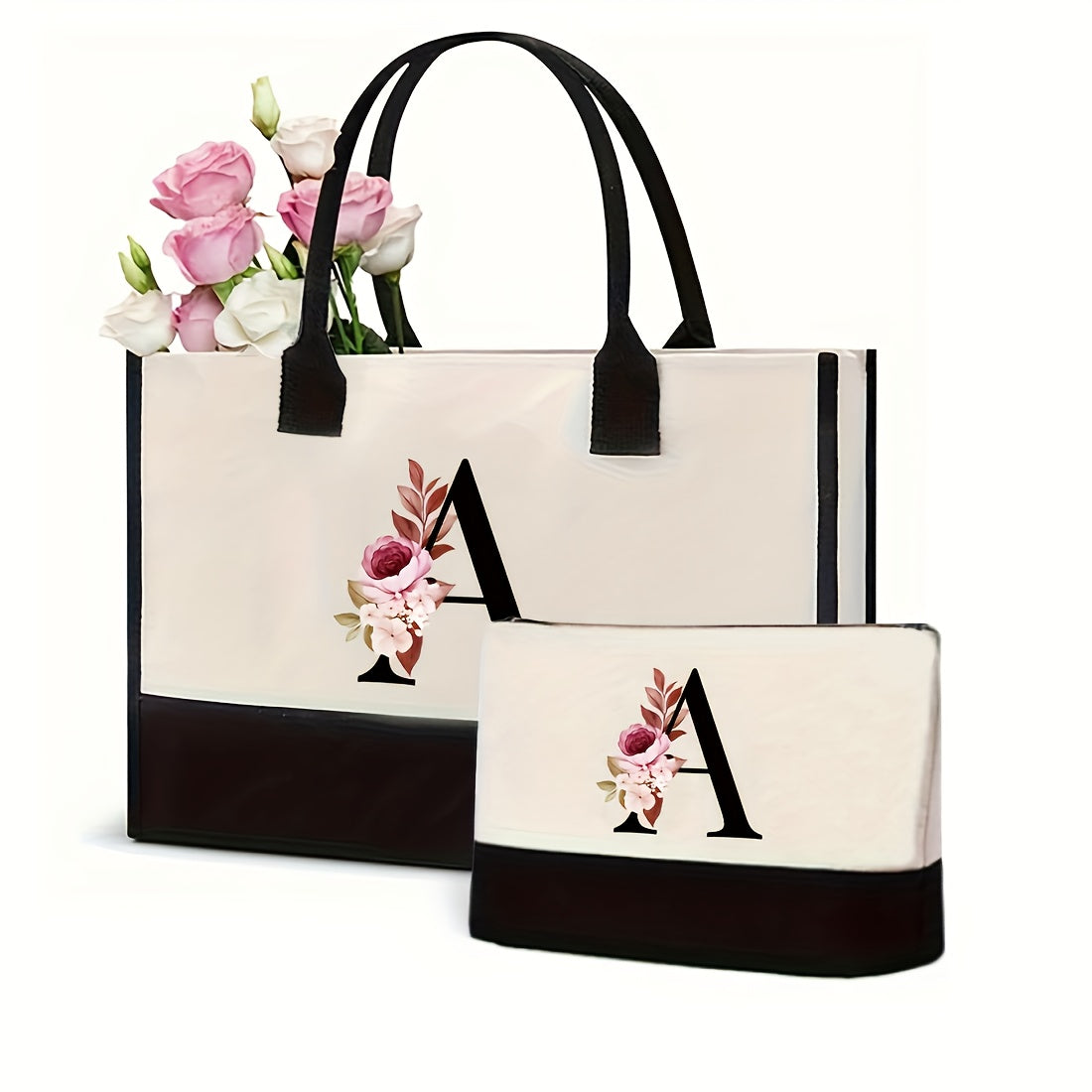 Initial Tote Bag Set for Women with Makeup Storage Bag, Two-Piece Reusable Beach and Shopping Carry Set with Letter Options for Travel and Gifts
