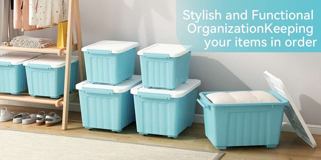 Rolling Storage Bins with Lids and Listed Stackable Plastic Design, 72QT Four or Six Pack and 97QT Four Pack Options in Four Colors for Household Organization