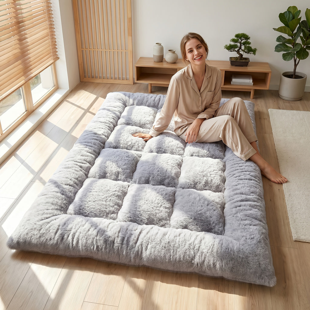 Floor Mattress in Grey with Foldable Tatami-Style Design, Twin, Queen or King Options and Listed Soft Fluffy Feel for Bedroom Lounging and Dorm Room Setups