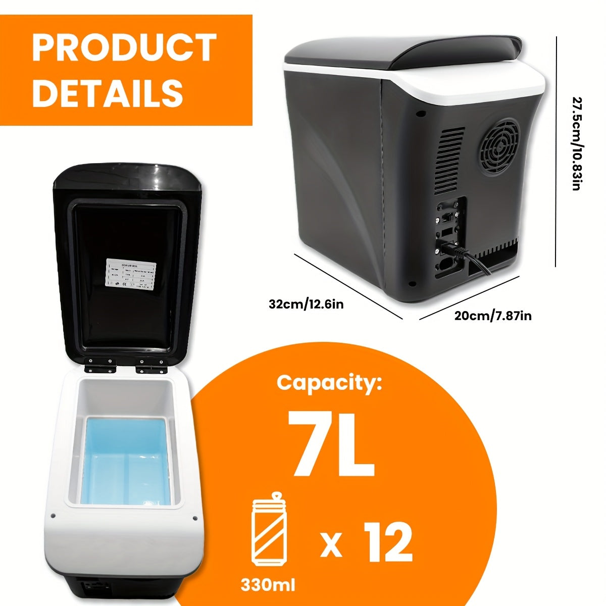 Car Refrigerator with Listed 12V and 24V DC Input, Black Portable Mini Fridge with 12 x 330ml Can Storage Claim for Road Trips, RV Travel and Compatible Camping Setups