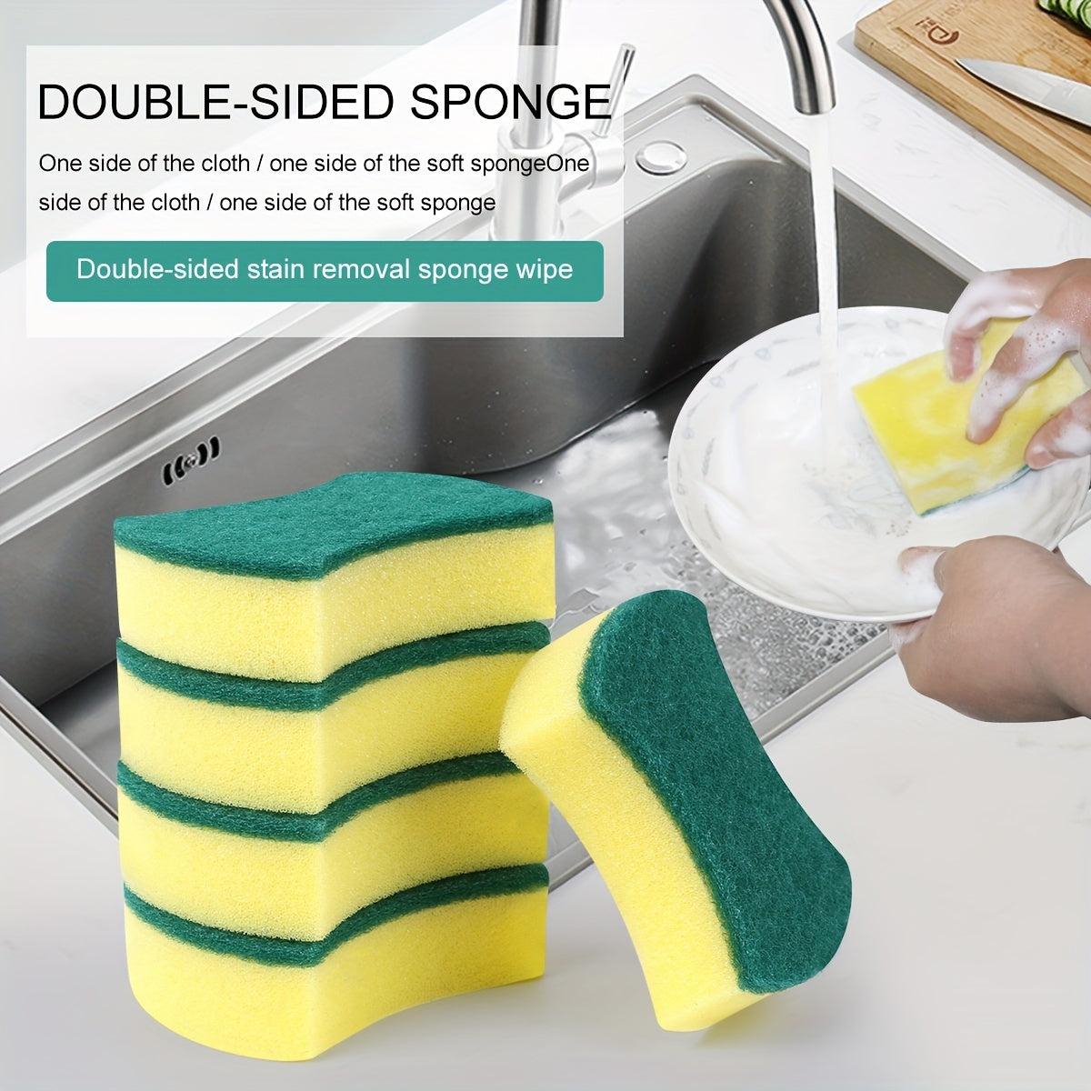 Waist-Shaped Cleaning Sponges in Yellow and Green, 12- or 24-Piece Double-Sided Scouring Pad Options for Compatible Dishwashing and Household Kitchen Cleanup