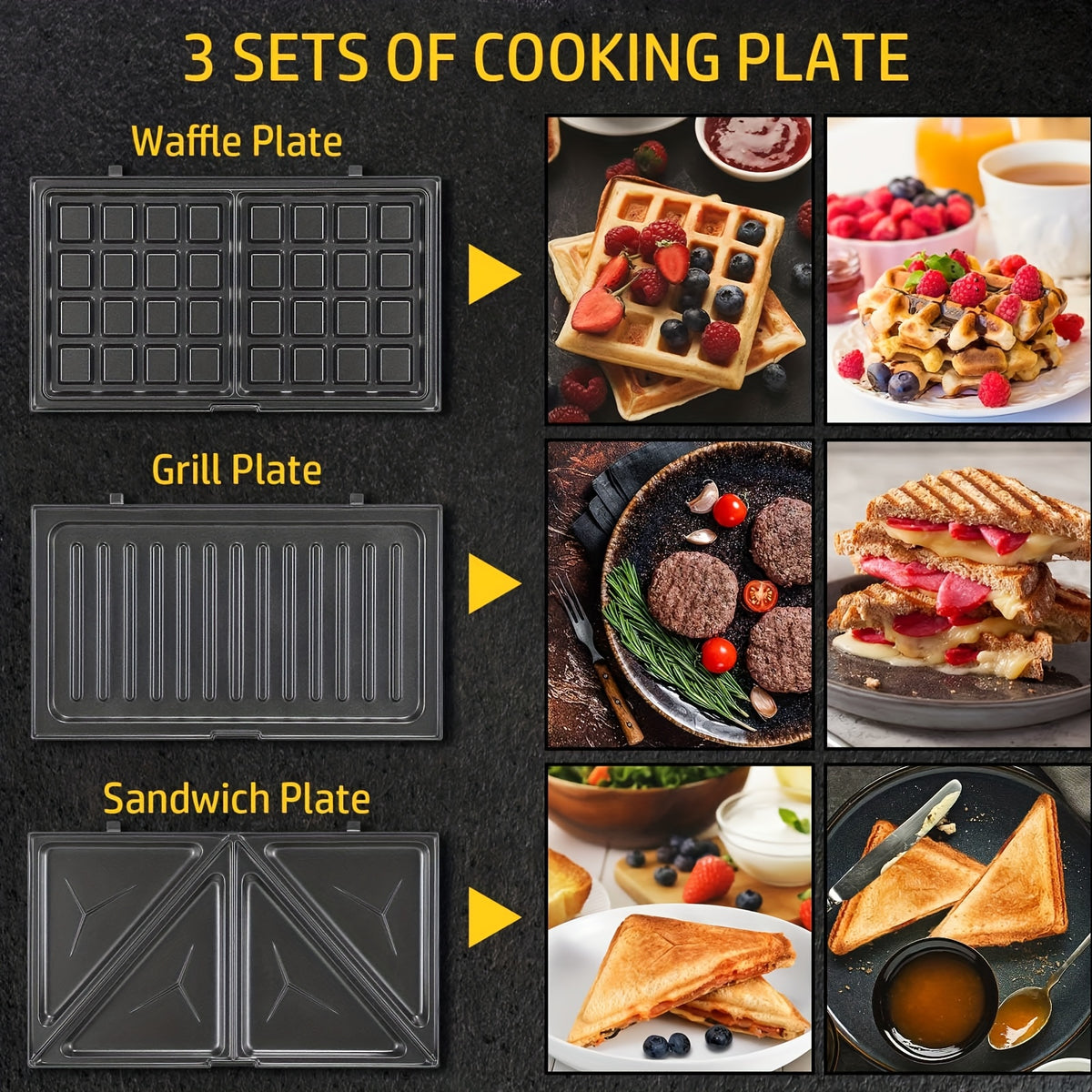 Interchangeable Plate Sandwich Maker by OSTBA, Black 750W 3-in-1 Panini Press and Waffle Iron with Three Removable Nonstick Plate Sets for Home Breakfasts