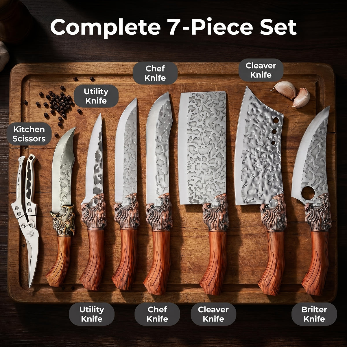 Meat and Fish Knife Set, Listed 7-Piece Kitchen Collection with 301 Stainless Steel Blades, Plastic Handles and Scissors for Boning, Slicing and Carving