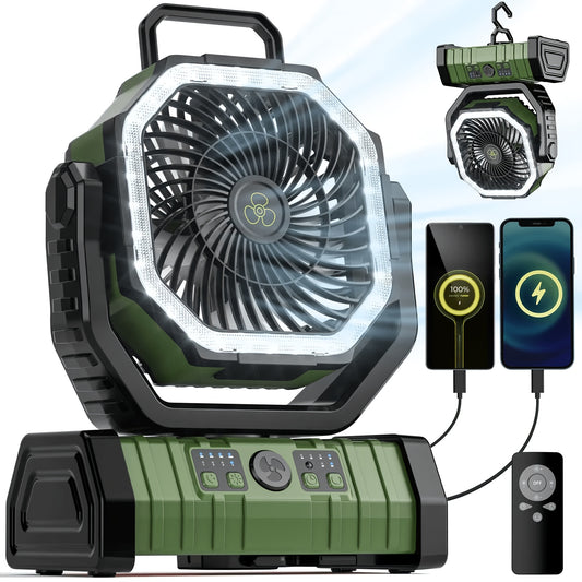 Brushless Motor Camping Fan with LED Light, Listed 20000mAh Battery, Four Speeds and 90-Degree Oscillation in Pink, Tangerine or Green for Campsite Airflow