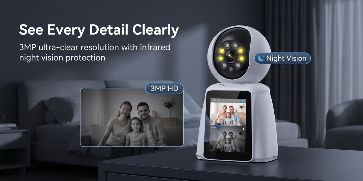 Screen-Equipped Video Call Camera with Listed 3MP Imaging, WiFi Two-Way Video and Audio, One-Click Call Button, PTZ Design and Motion Alerts for Indoor Home Monitoring