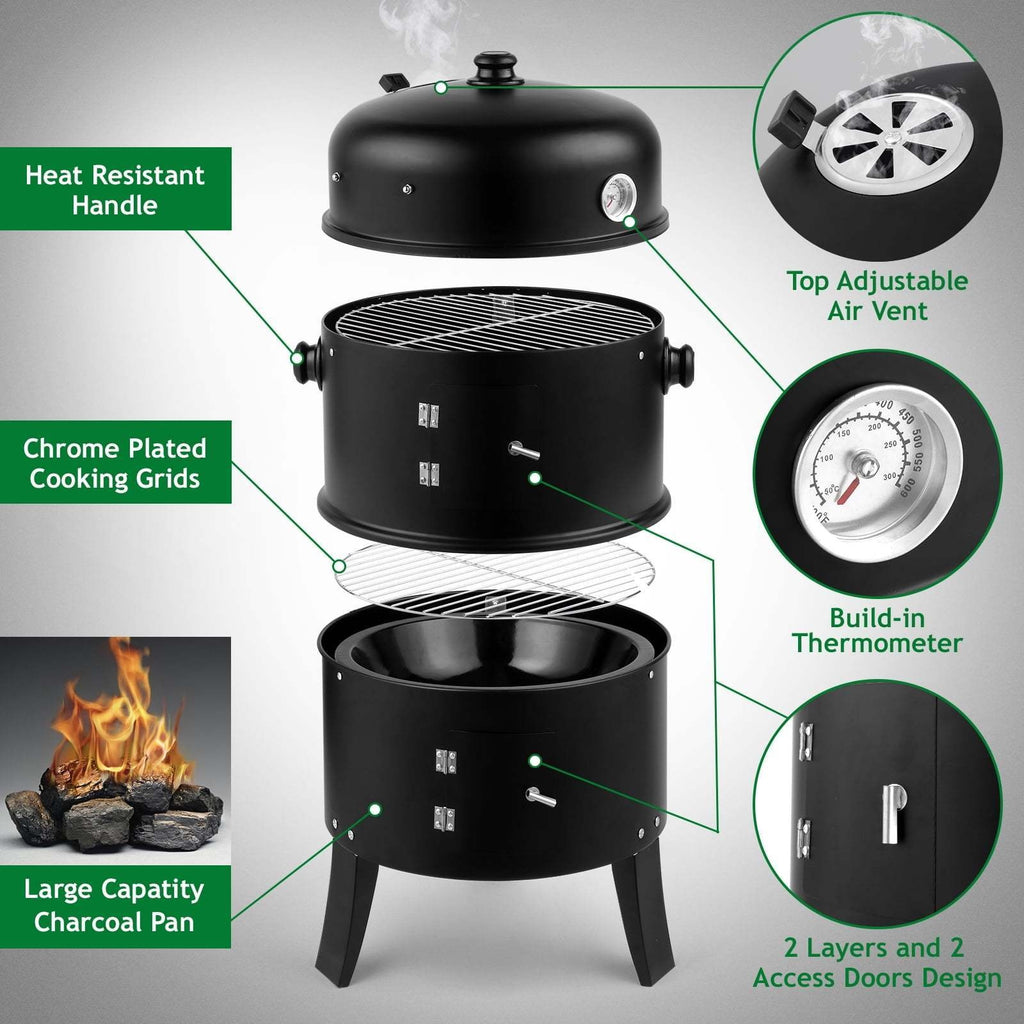 Portable Charcoal Smoker Grill with 3-in-1 Outdoor Cooking Design, Lid Thermometer, Adjustable Height and Top Air Vent, Black Standard or Upgrade Selection