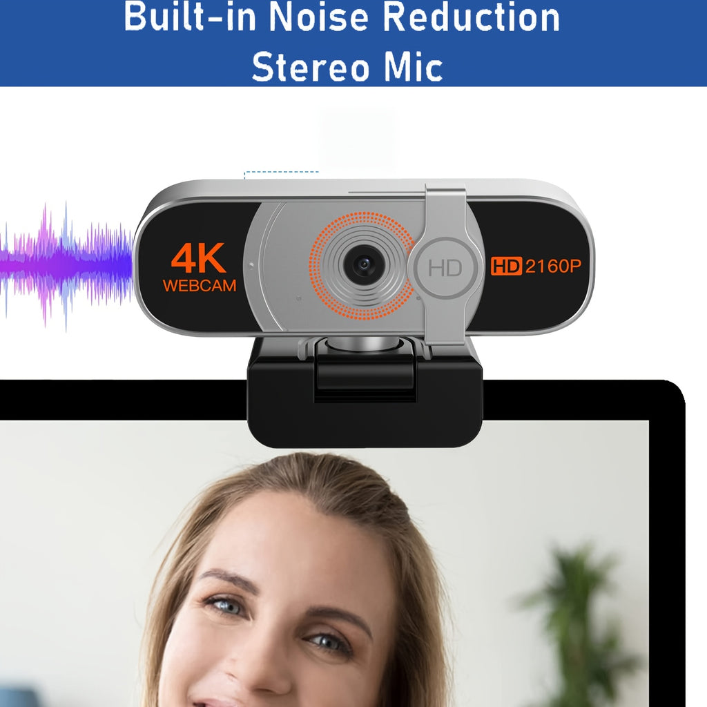 4K Webcam for PC in Silvery with Listed Auto-Zoom, Remote Control, Privacy Cover, White Balance and Microphone for Laptop and Desktop Video Calls and Conferencing