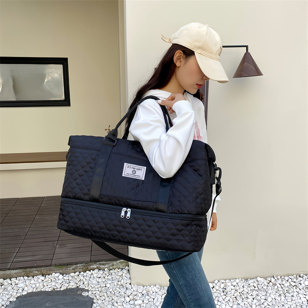 Quilted Travel Tote Bag Set with Detachable Crossbody Strap and Compartment Storage, Woven Fabric Handbag for Gym and Short Trips, 2 or 3-Piece Options