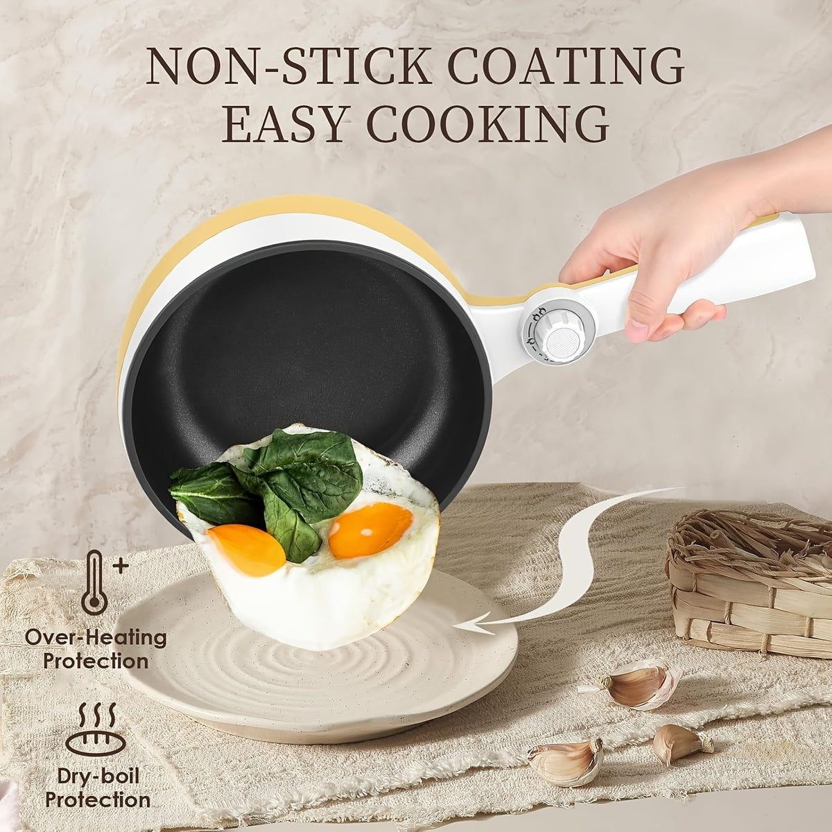 Electric Hot Pot with Steamer and Listed 57.48oz Capacity, Portable Nonstick Mini Skillet with Adjustable Power in Beige or Green for Noodles and Kitchen Meals