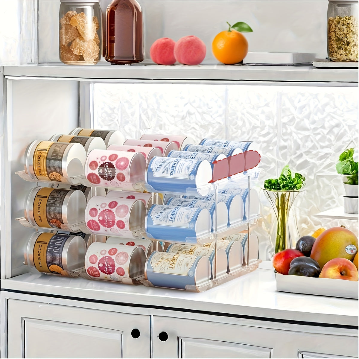 Three-Tier Can Organizer Rack, Clear Plastic Stackable Rolling Storage for Soda and Canned Foods, 3 Layers-3 Sets Option with Listed 36-Can Capacity Reference