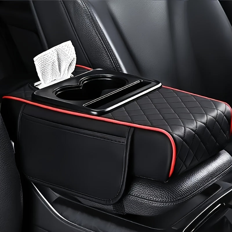 Car Armrest Storage Cover in PU Leather with Two Side Pockets and Two Cup Holders, Center Console Organizer with Tissue Bundle and Refill Options