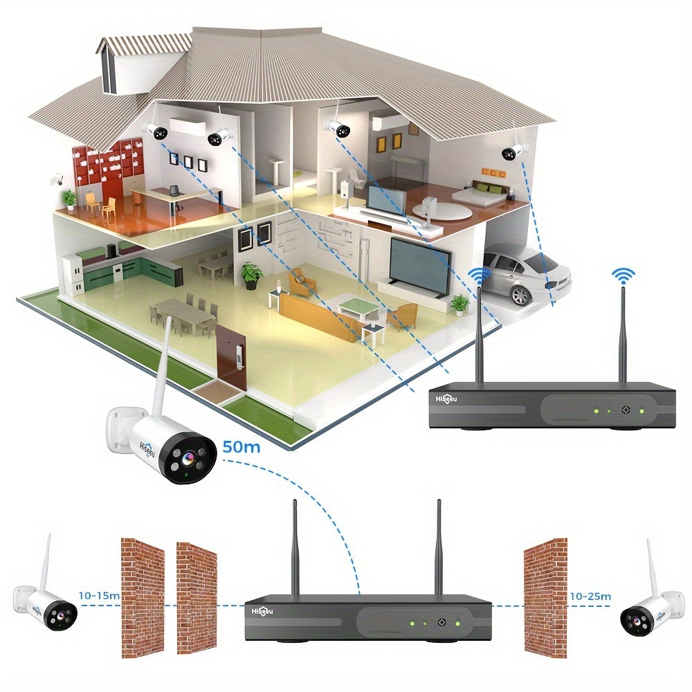 Hiseeu Wireless NVR Security Camera System with Four Listed 3MP Cameras, 10-Channel Recorder, Color Night Vision, Two-Way Audio and Dual-Band WiFi