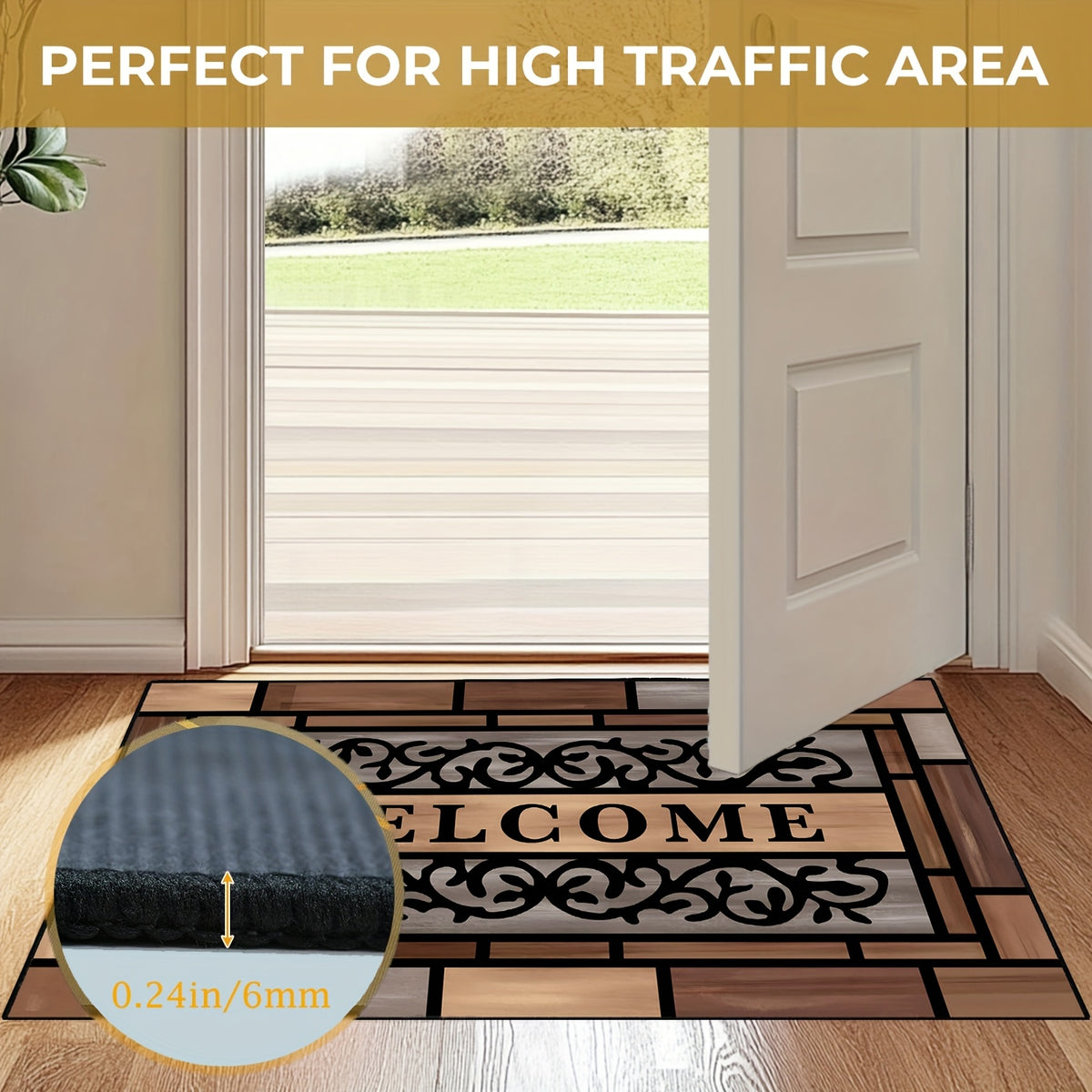 Wood-Pattern Welcome Doormat for Indoor Entryways, Decorative Entrance Floor Mat with Listed Non-Slip Design for Hallways and Home Styling